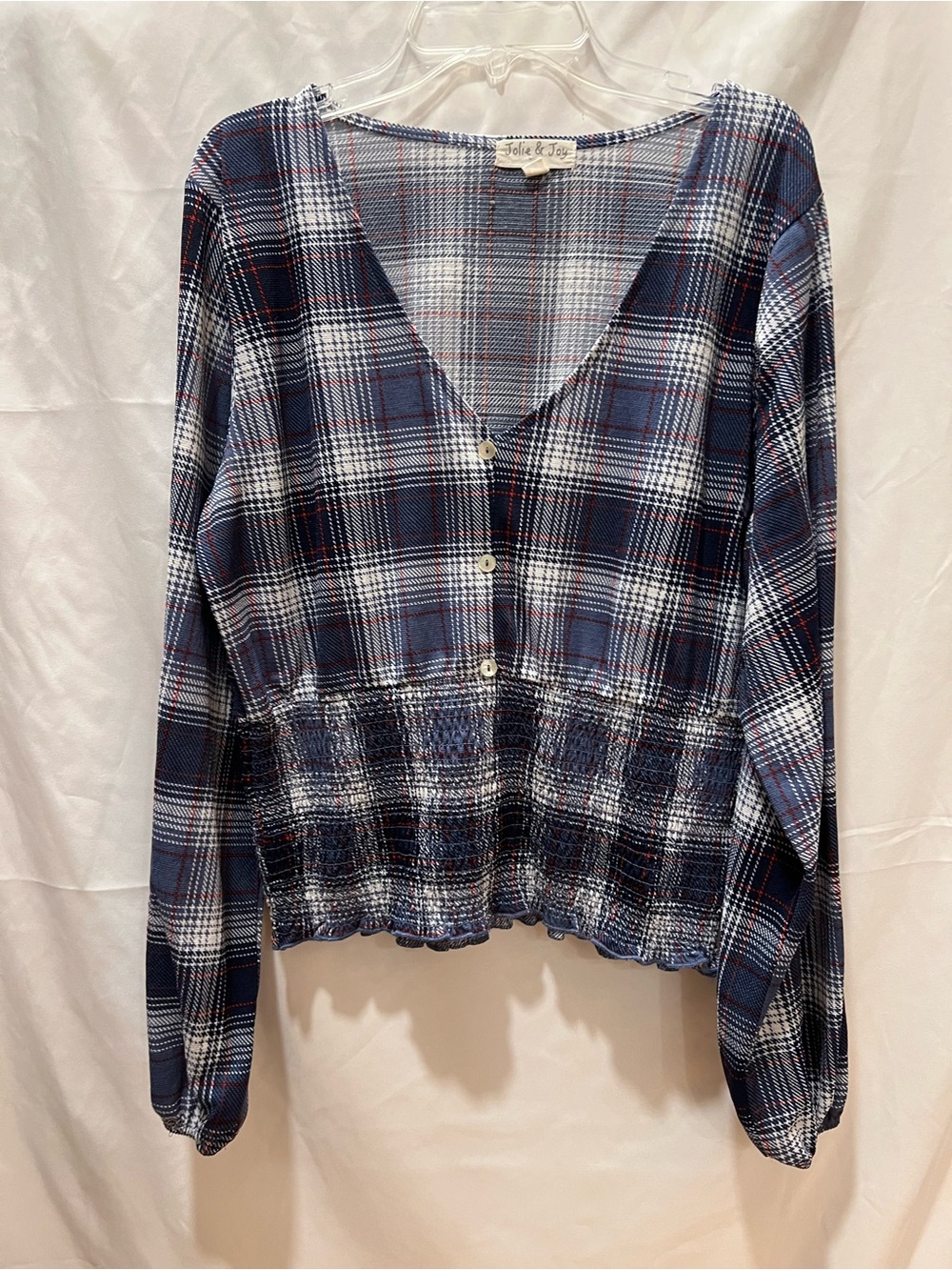 Plaid V-Neck Smocked Hem Long Sleeve Top in Blue